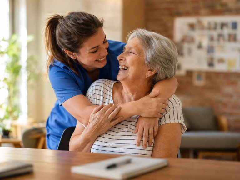 elderly care, happy senior, caregiver, home care, senior support, assisted living, empathy, nurse, elderly woman, companionship, aging, geriatric care, healthcare, home environment, professional care, emotional support, community support, smiling, healthcare professional